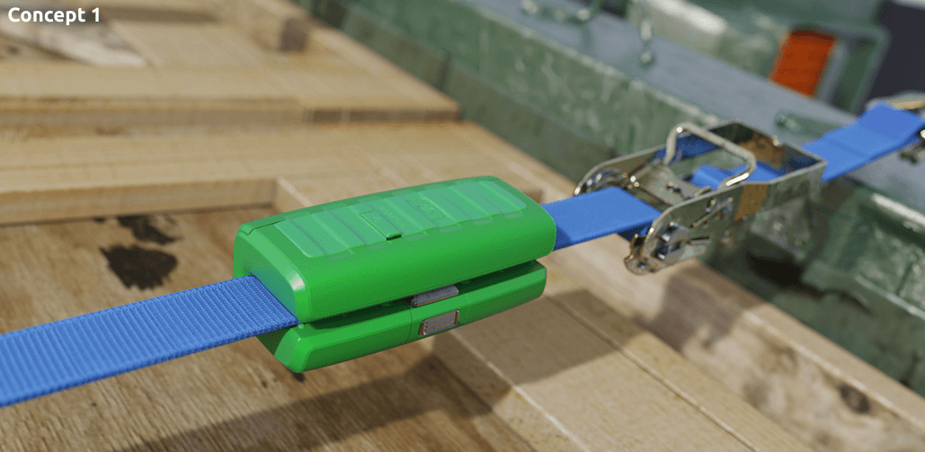Strapsense tension sensor clipped to a cargo tie-down strap